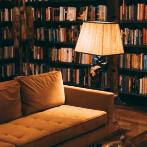 couch in the middle of a cozy private practice library with a lamp on
